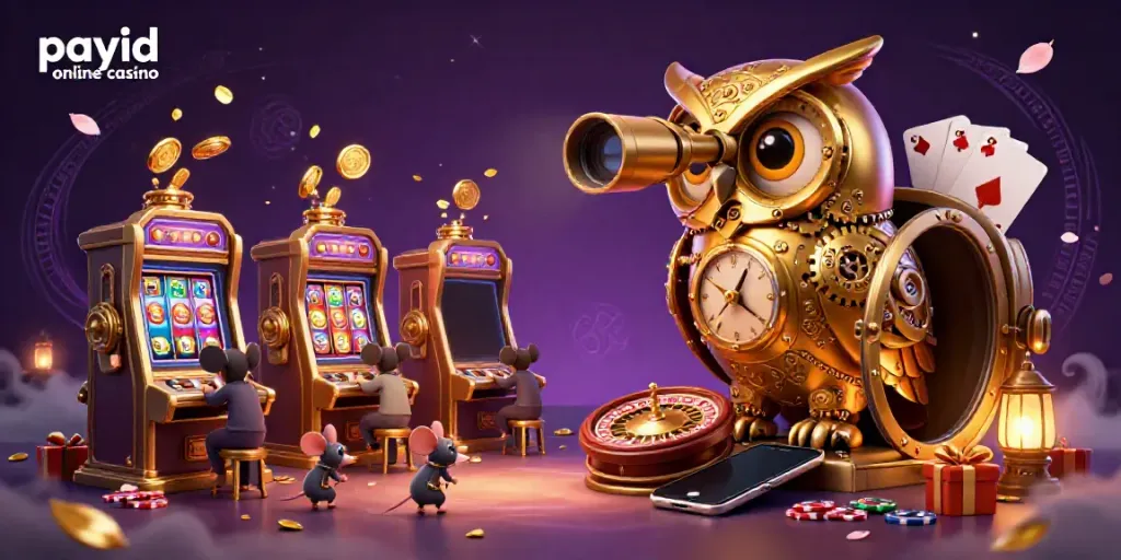 Experience the excitement of payid online casino with our vibrant 3D scene featuring a whimsical clockwork owl and lively game elements.
