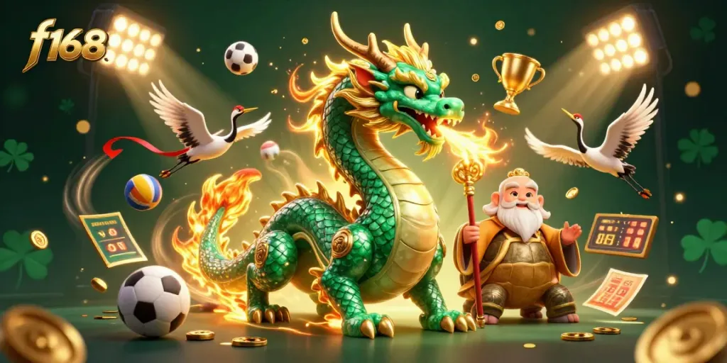 f168 showcases an enchanting online casino scene with a majestic jade dragon and lucky game elements.