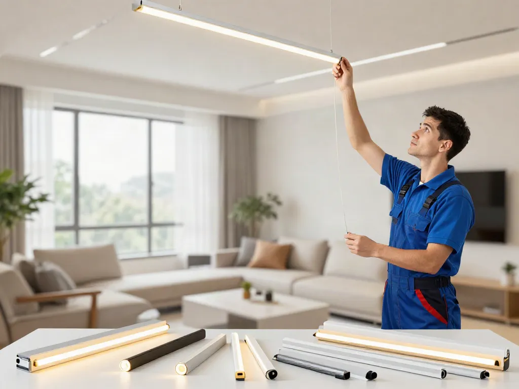 Instalare benzi LED de către un profesionist, soluții de iluminat moderne pentru un design interior eficient.