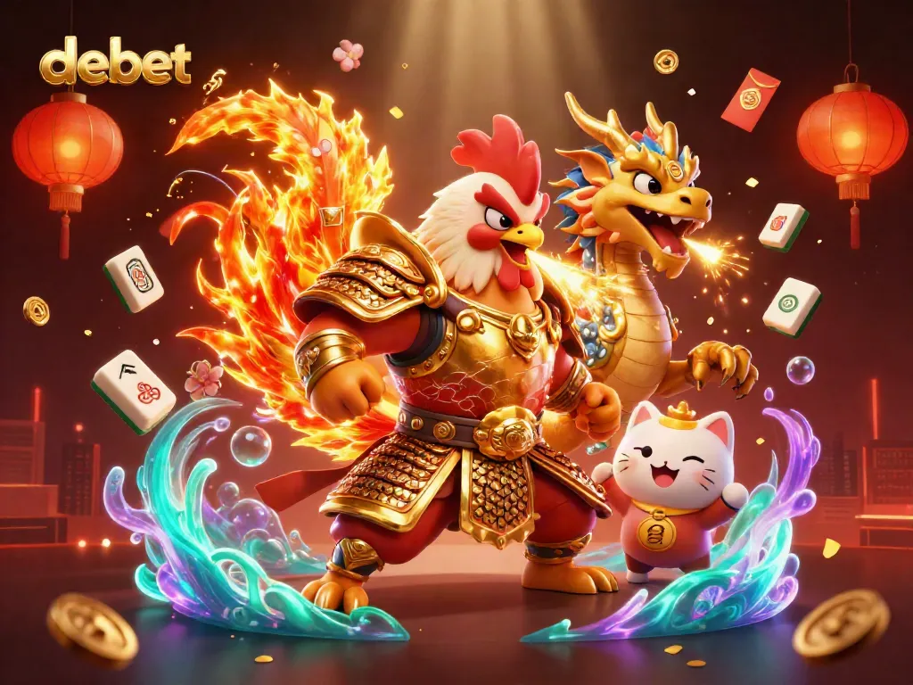 Engage with debet's thrilling gaming environment featuring a powerful rooster warrior, dragon hatchling, and fortune cat.