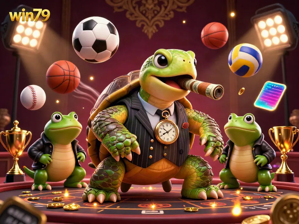 Win79 engaging casino scene with a mobster turtle, bullfrog enforcers, and vibrant sports elements.