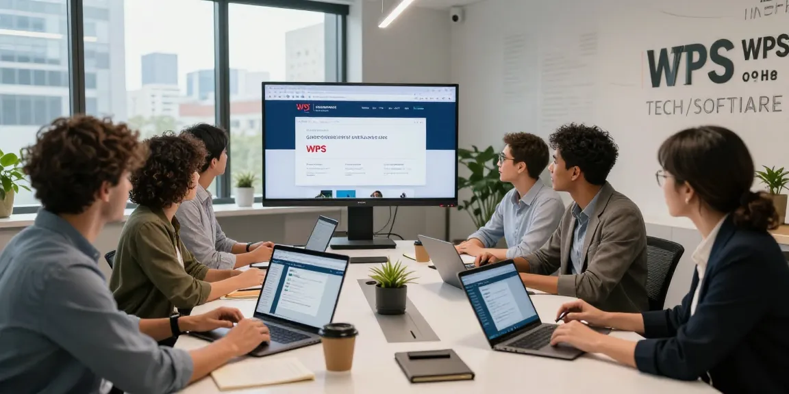 Team collaborating in a modern office showcasing the WPS Official Website on a large screen, emphasizing productivity.