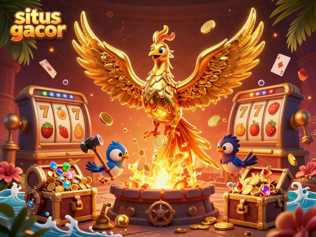 Experience the thrill of situs gacor with a dynamic 3D scene featuring vibrant gaming elements and a golden phoenix.