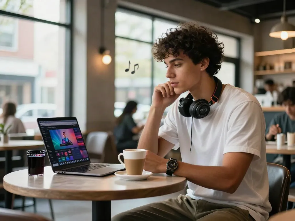 Stylish urban individual engaging with rokok88 content in a trendy café