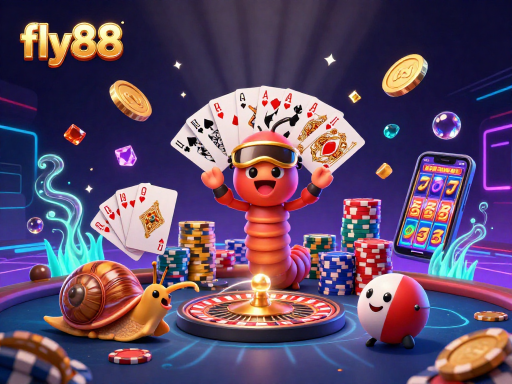 Join the excitement at fly88 with a unique casino scene featuring a cartoon millipede dealer, vibrant poker chips, and magical slot game elements.