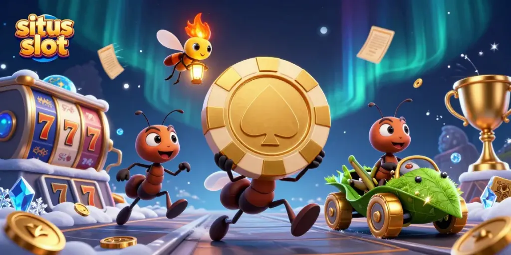 Engaging game scene with a situs slot theme, showcasing ants heisting a giant poker chip amidst dynamic slot elements.