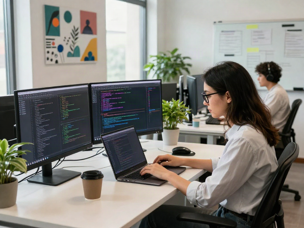 Developer coding on laptop in vibrant office, showcasing crushonai technology innovation.