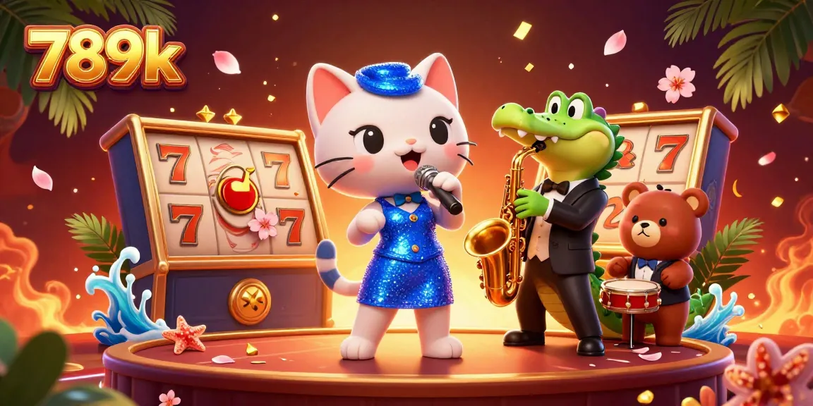 Engage in thrilling gameplay at 789k with a lively casino scene featuring cartoon characters and vibrant slot elements.