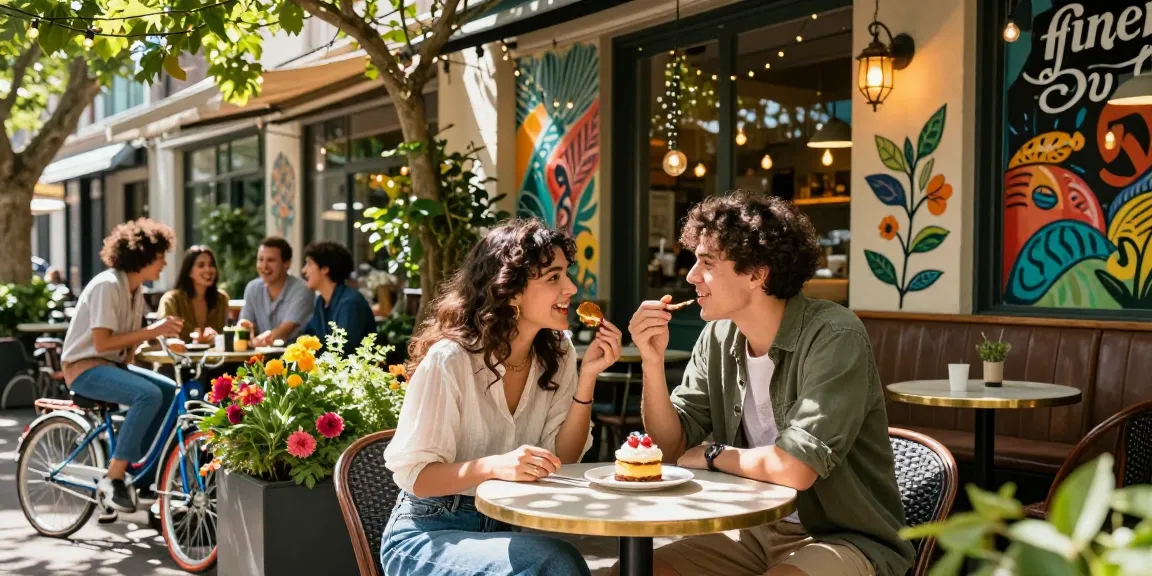 Couple enjoying a moment to crush on each other at a vibrant outdoor café.