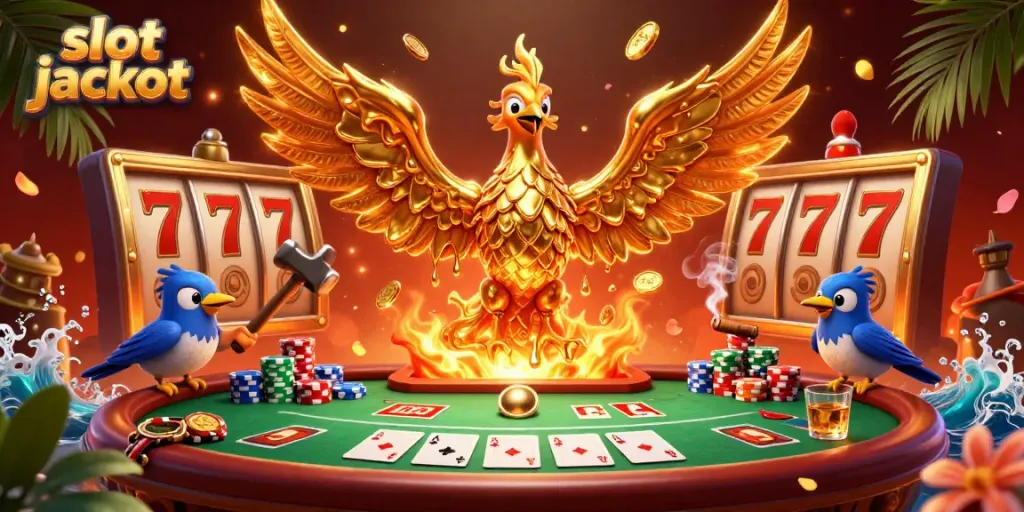 Experience thrilling slot jackpot wins with a majestic phoenix and vibrant casino elements in this dynamic illustration.