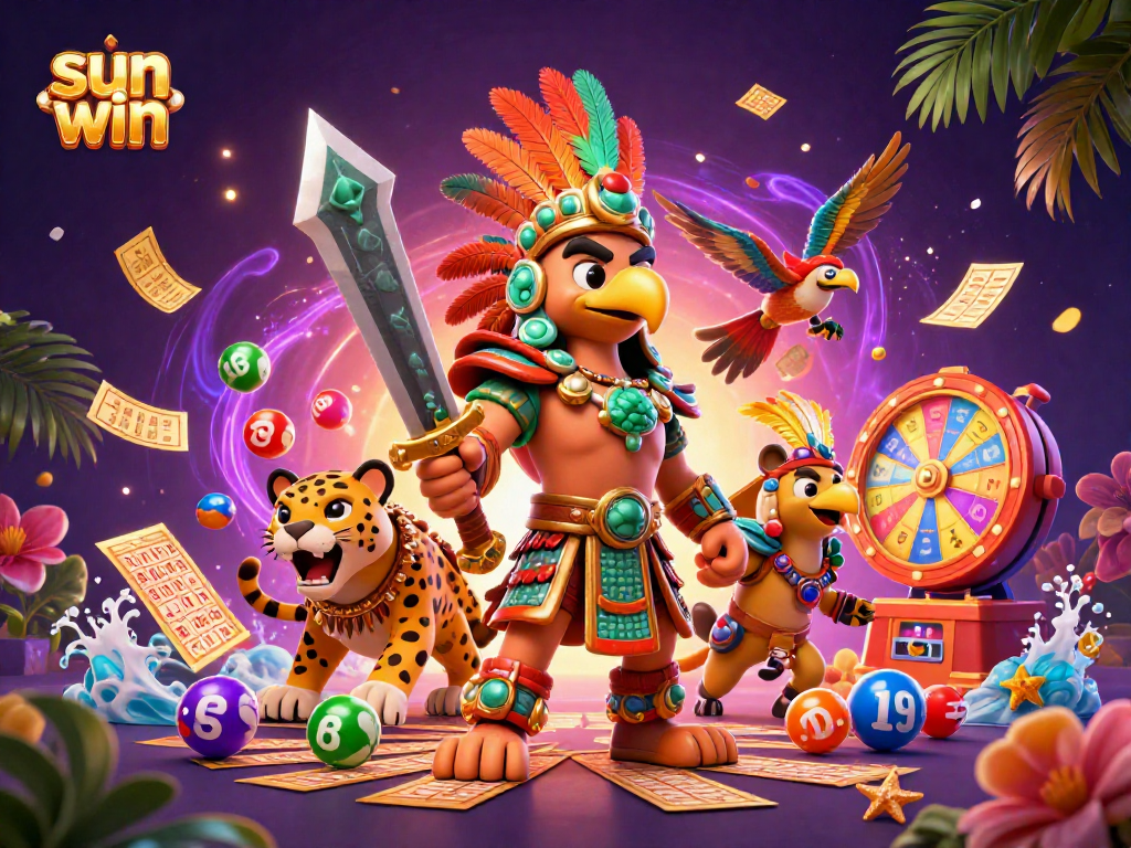 Engage with the sun win experience featuring a vibrant 3D casino theme with winning lottery balls and characters.