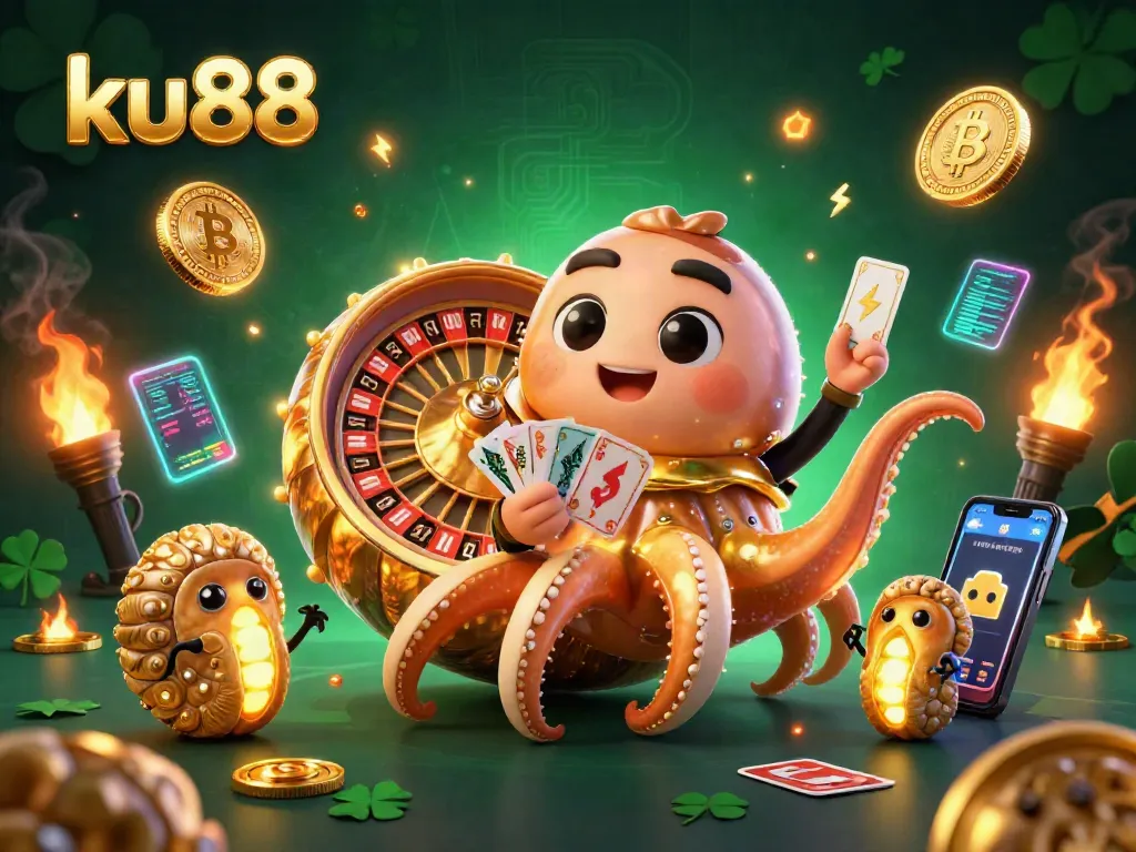 Join the gaming excitement at ku88 with a vibrant 3D casino scene featuring a giant roulette nautilus and glowing cryptocurrency elements.