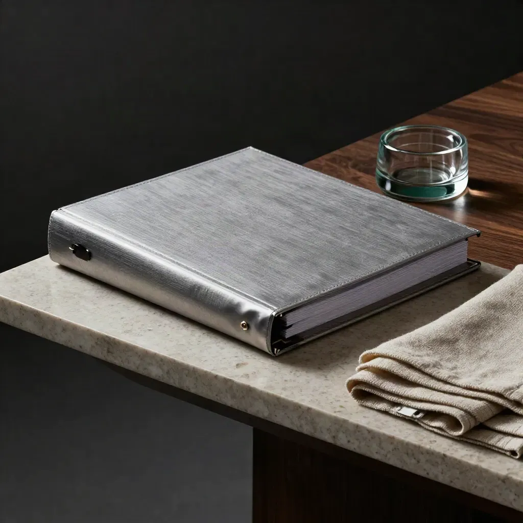 Retirement review bundle on travertine beside walnut, smoked glass and linen, lit dramatically.