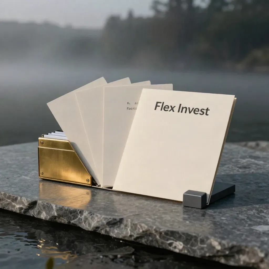 Starter ETF portfolio kit on a stone slab in soft blue-hour light, with calm space to the right.