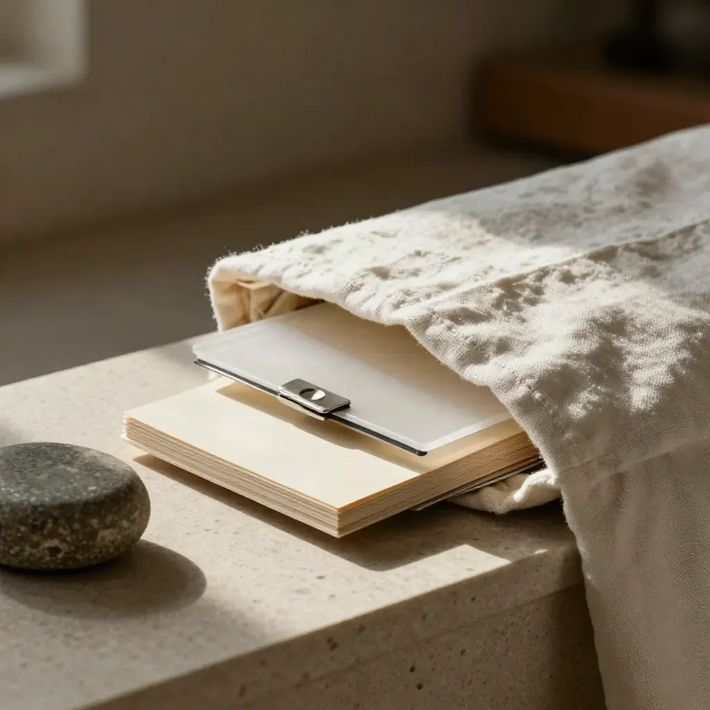 Off-white linen retirement planning kit beside stone and pale oak in warm dust-lit interior.