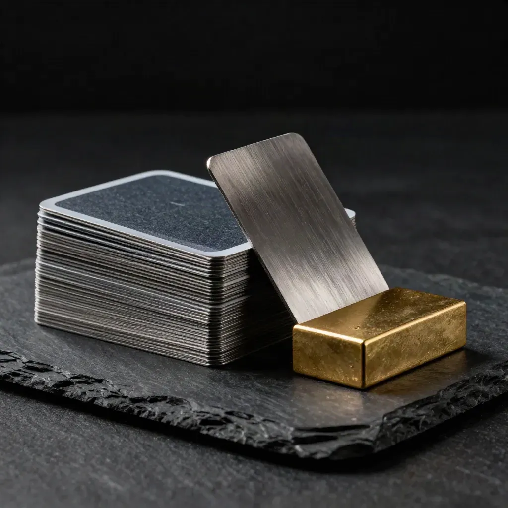 Stacked finance review cards with steel wedges and a gold block on dark slate under dramatic rim light.