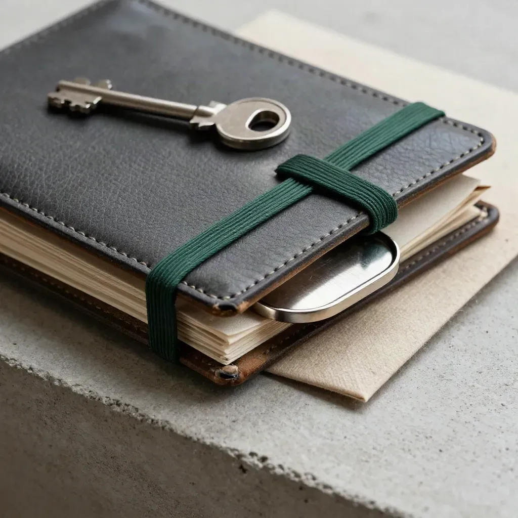 Macro of a leather investment folio with elastic bands, linen envelope, and metal coin tray on wool and concrete.