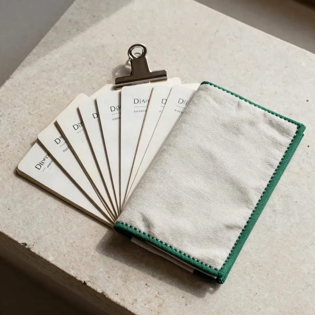 Ivory finance cards fanned on cream linen with a clip and fabric wrap, overhead.