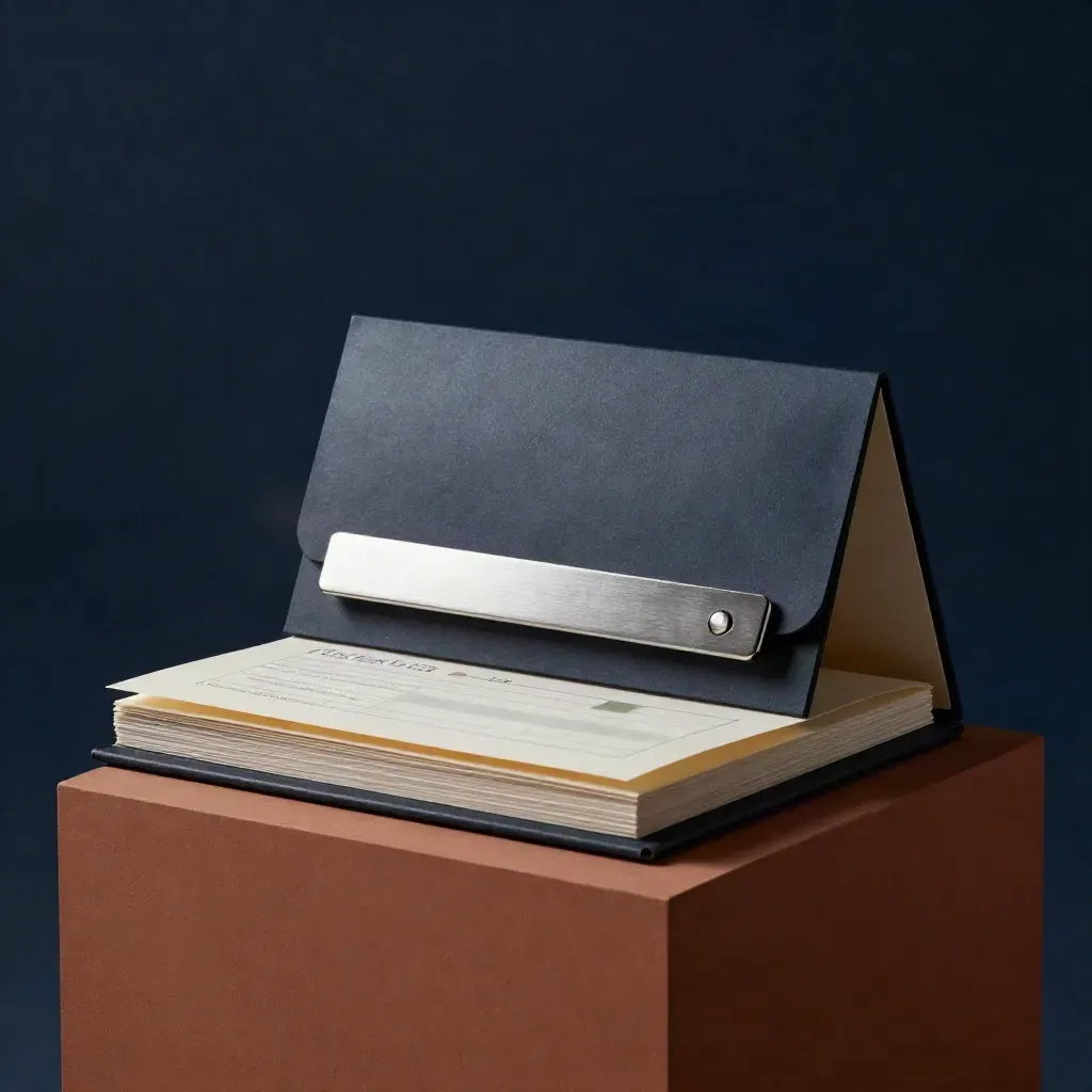 Open premium account review folio with layered sleeves and silver seal on a terracotta plinth.