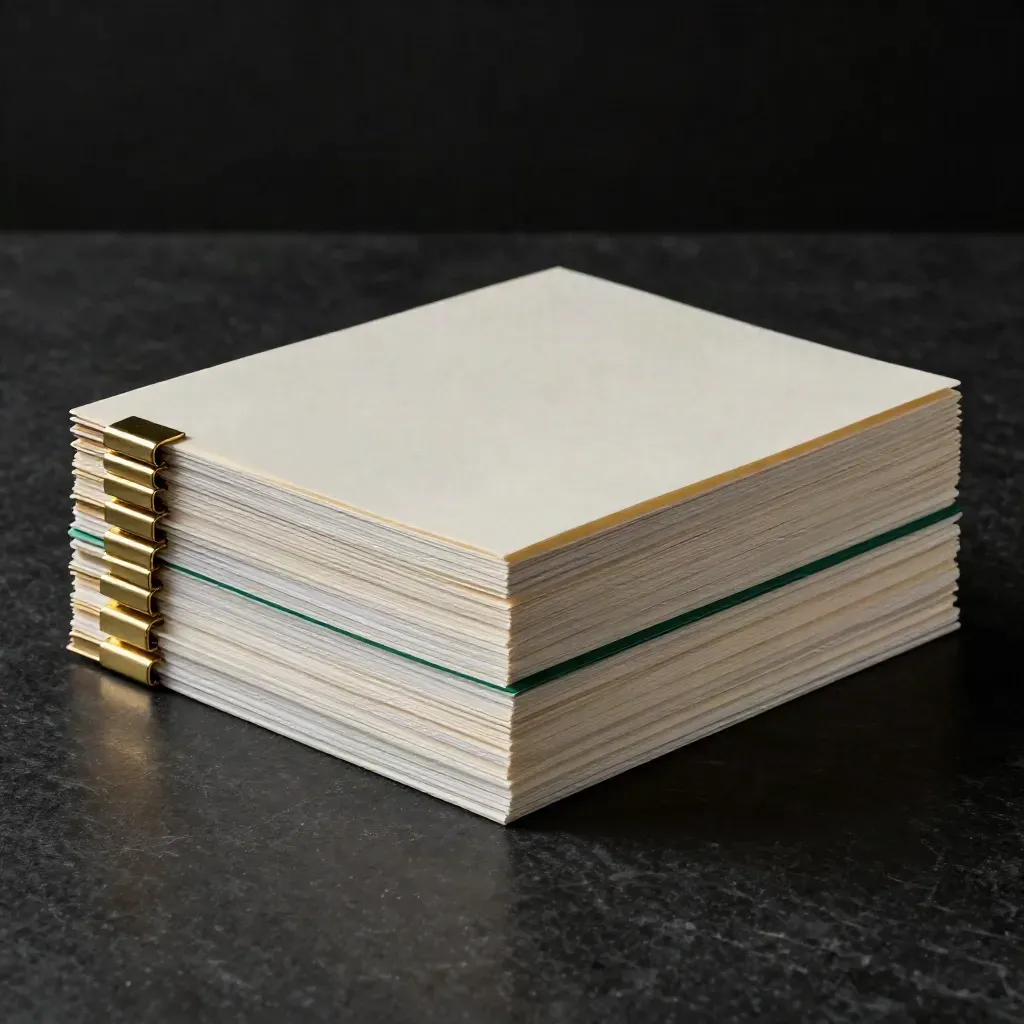 Ivory portfolio sleeves with brass clips and emerald strip on a dark stone surface