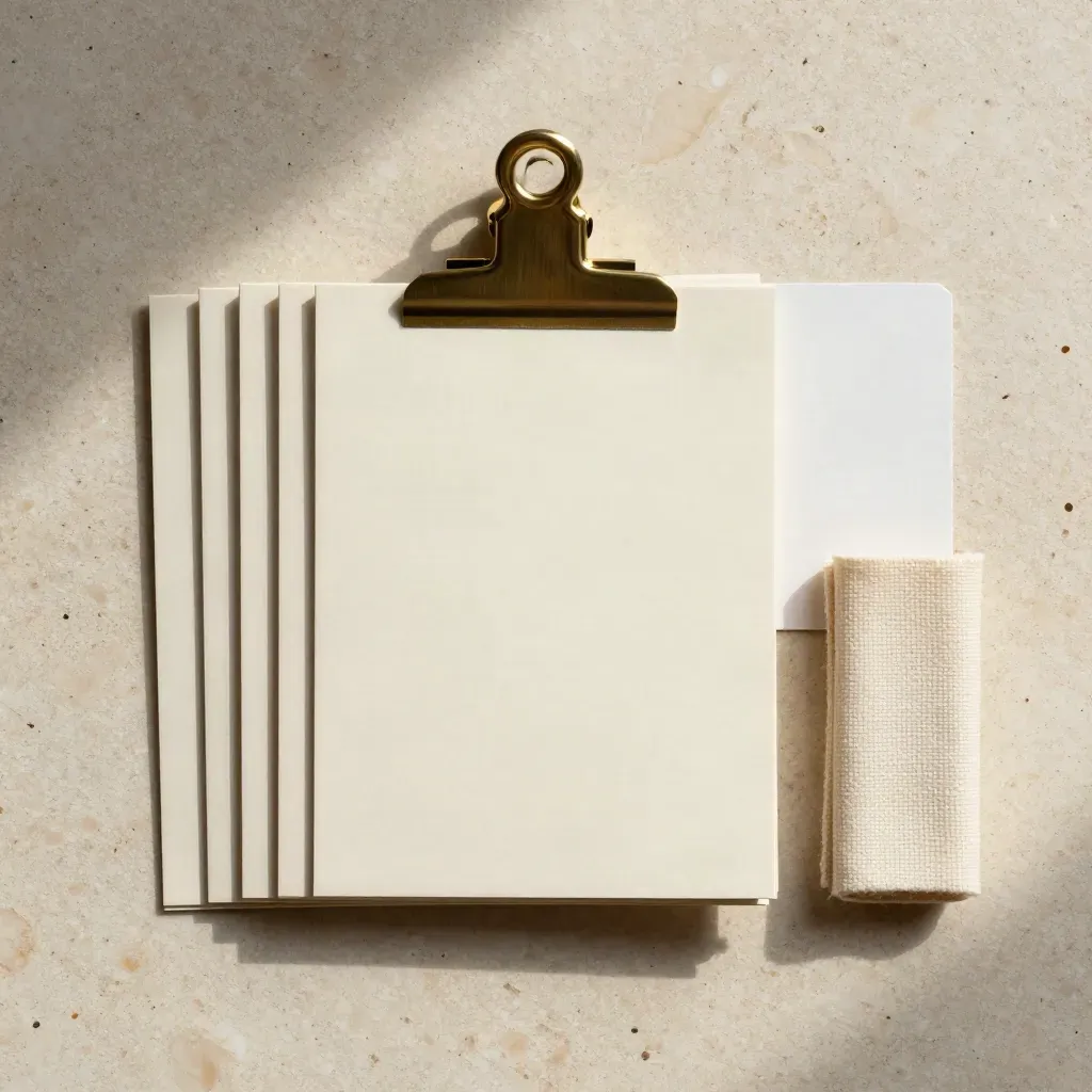 Cream retirement guide pack with brass clip and canvas tab on pale stone, top-down flatlay.