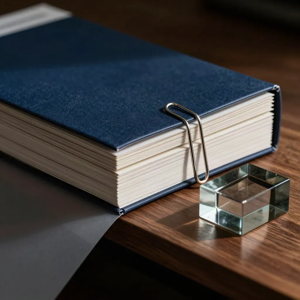 Navy investment packet with translucent inserts, silver clip and smoky glass on walnut.
