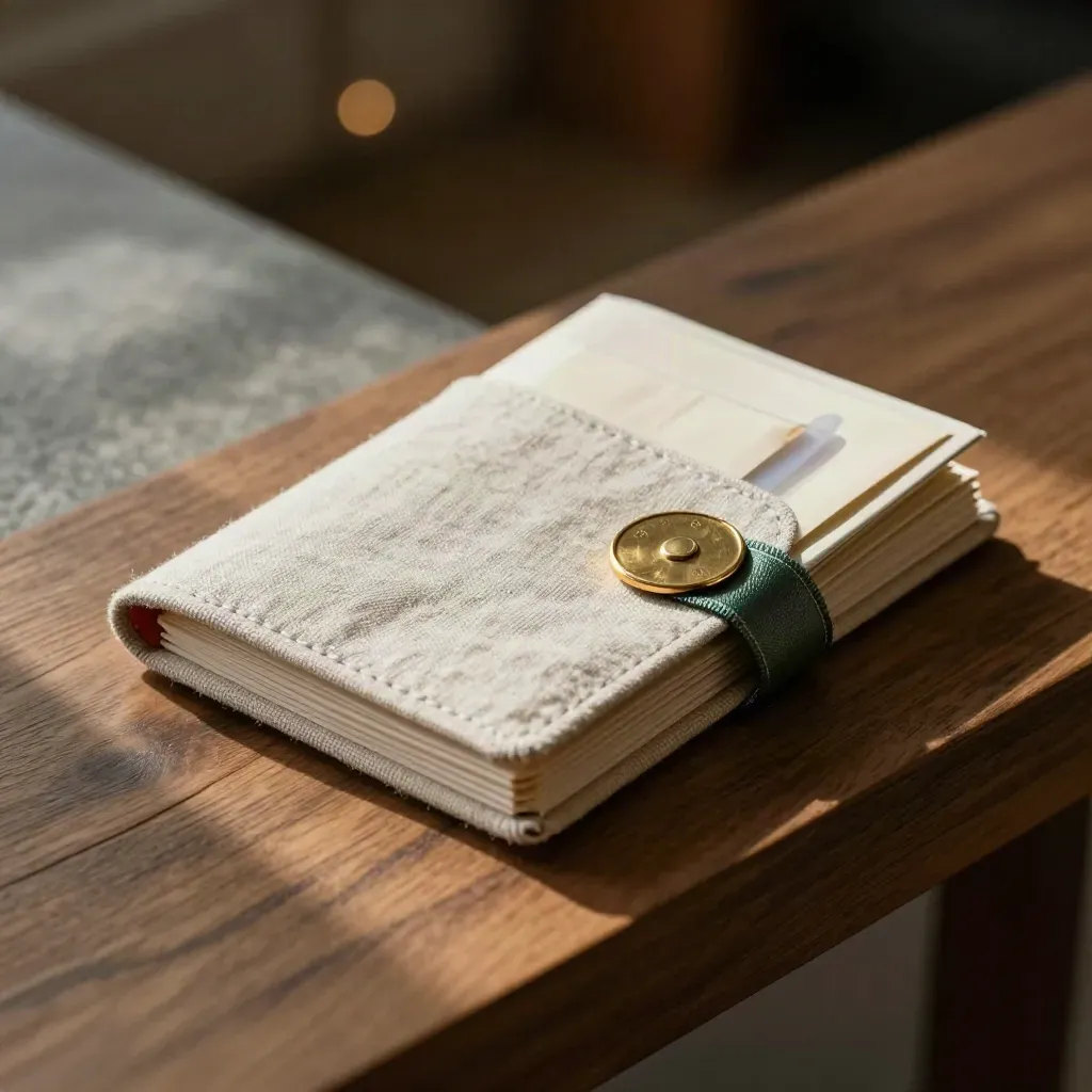 Linen investment shortlist sleeve with brass token and paper packet on warm oak beside stone.