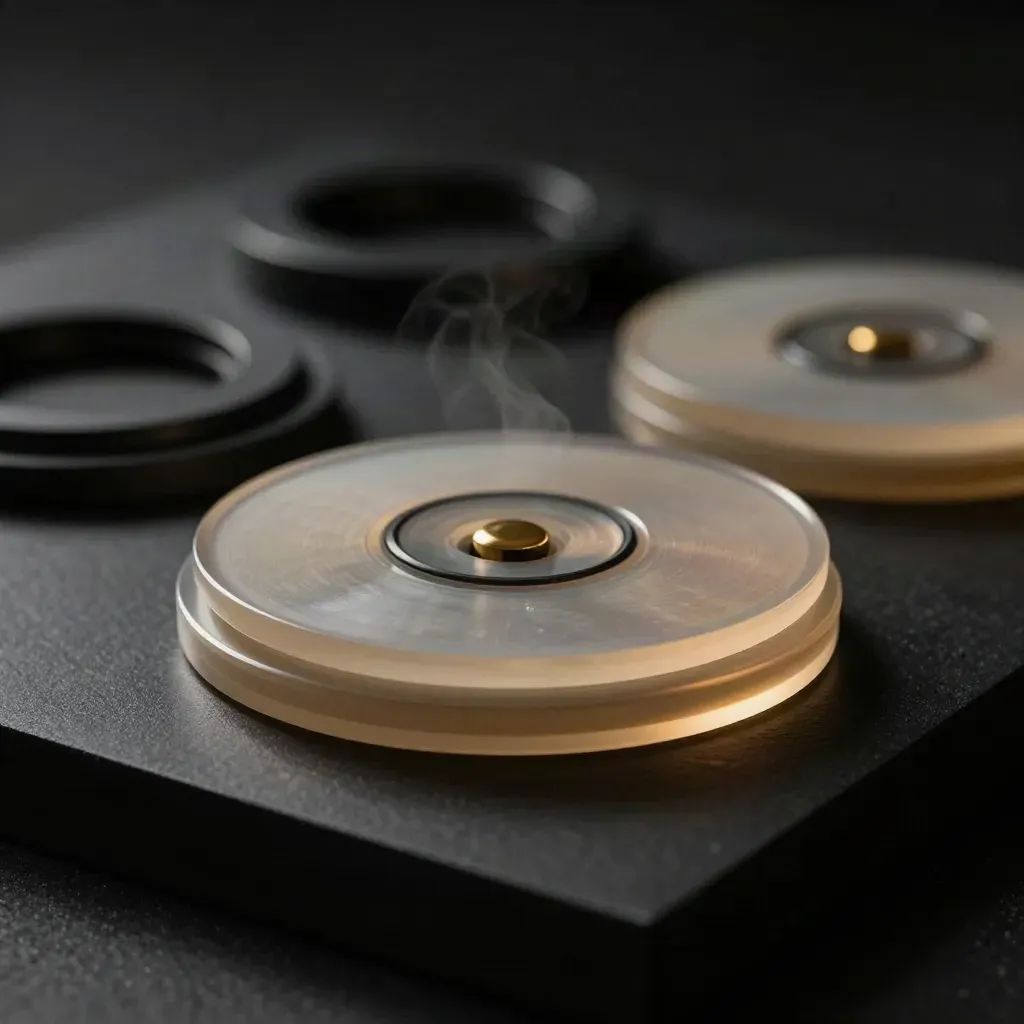 Translucent risk-assessment discs with a gold chip on a black plinth in moody studio light