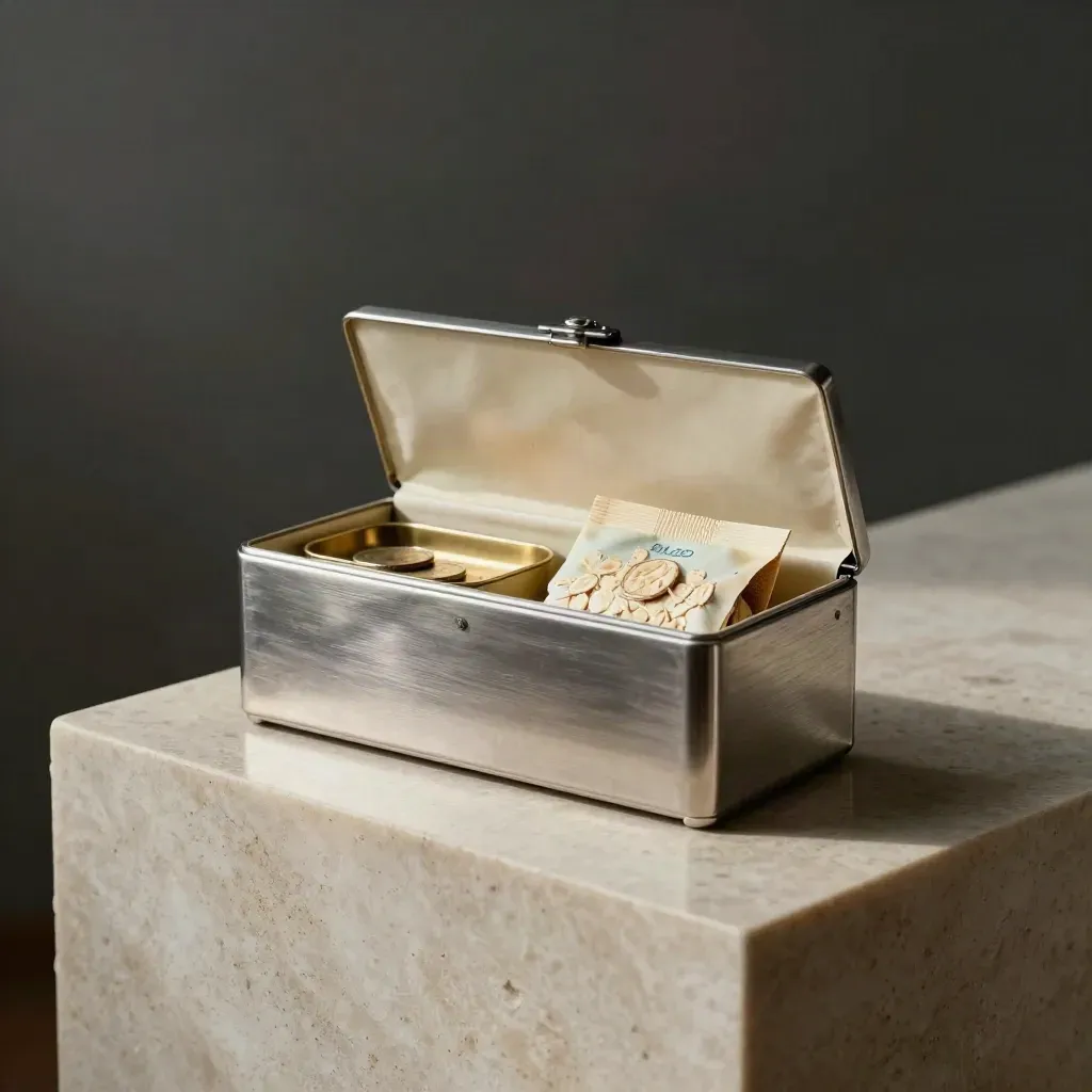 Brushed steel cash-plan kit with ivory sleeves, brass tray and folded pouch on travertine.
