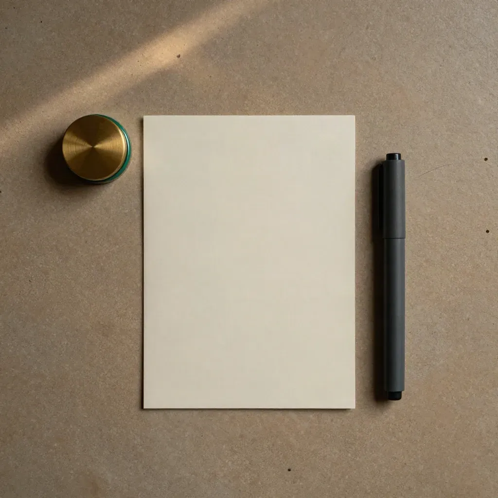 Brass timer puck, blank slip and slate marker on limestone concrete with a subtle emerald accent.