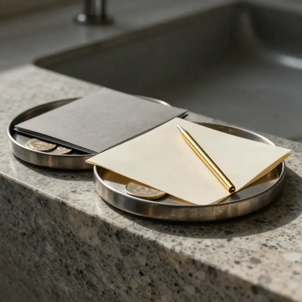 Dividend watch bundle with coin trays, pale sleeve, and gold index marker on travertine