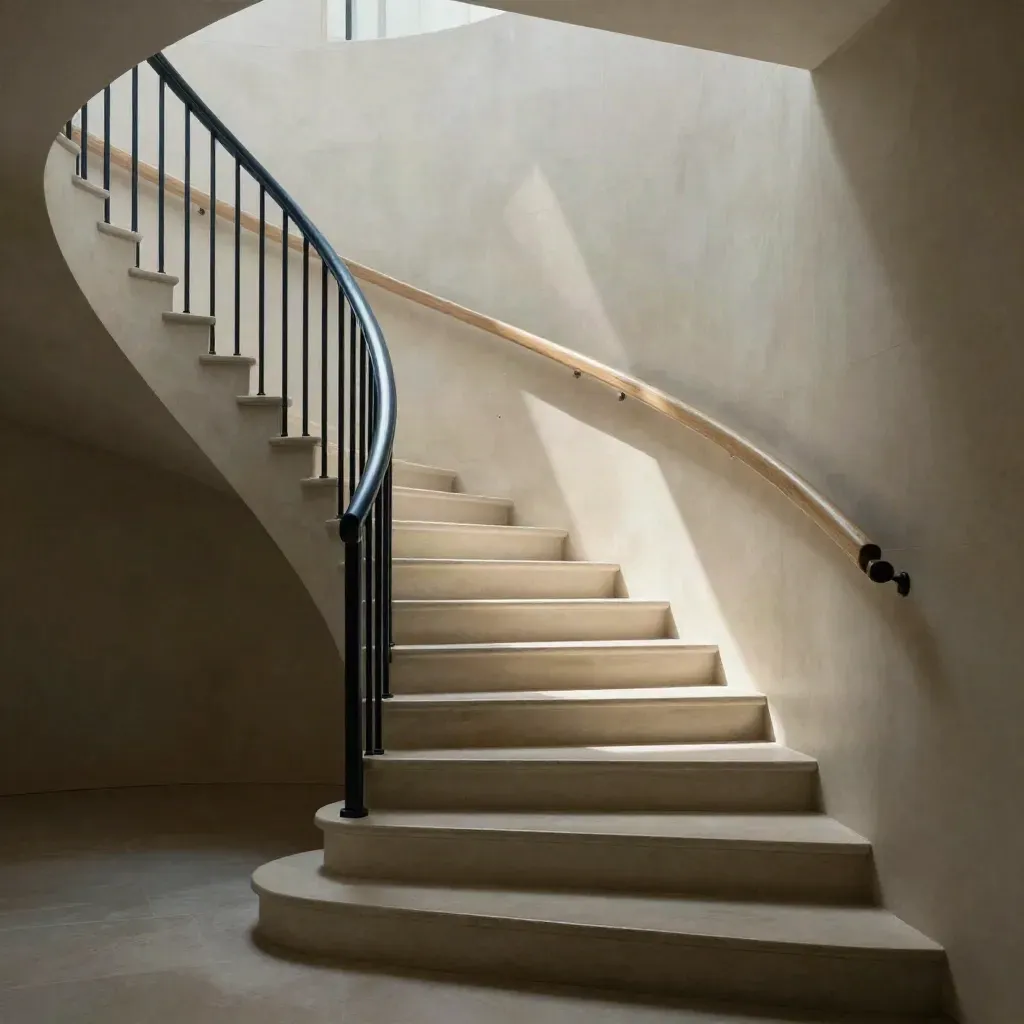 Curved stone staircase in a sunlit modern interior with calm copy space below.