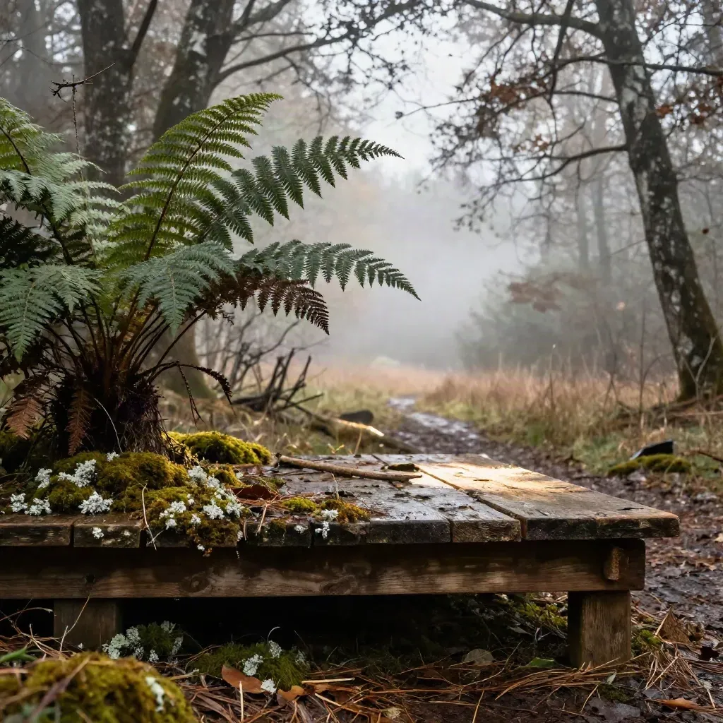 Misty mossy woodland clearing with a weathered timber platform and ferns