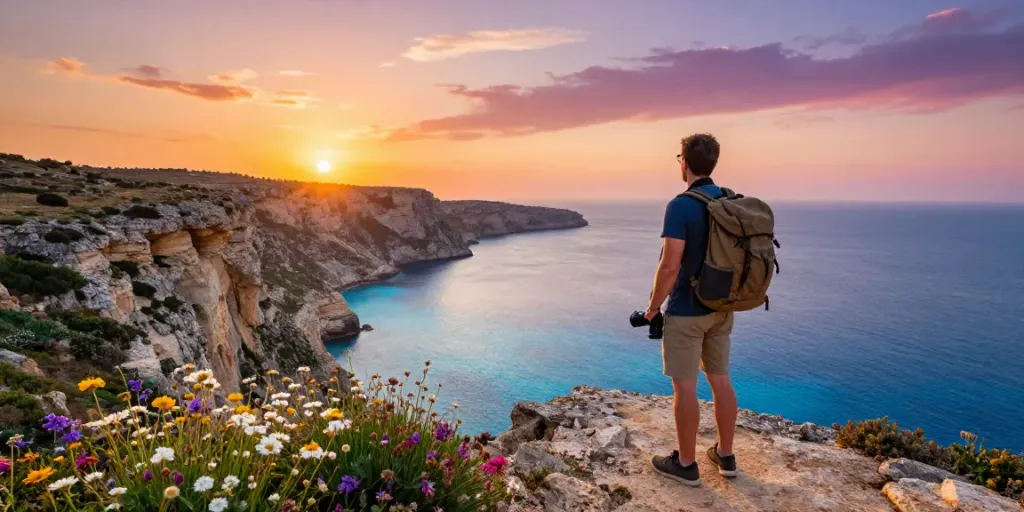 Gozo tours showcasing a traveler with a backpack and breathtaking views of the coastline.