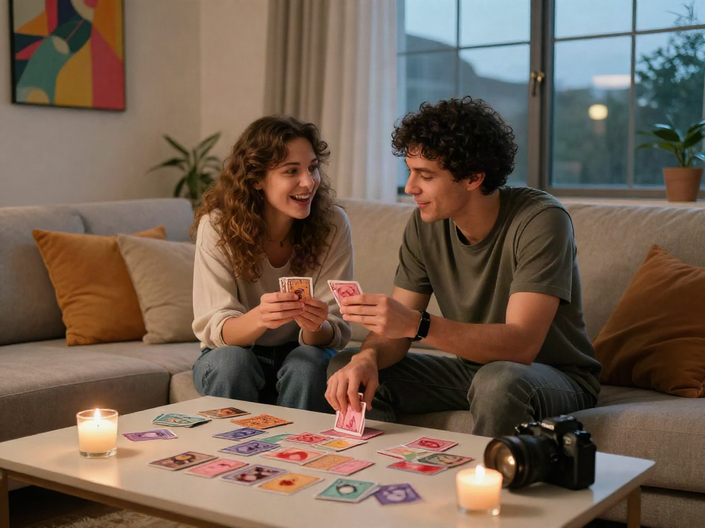 Engaging couple playing sex games in a cozy living room setting.