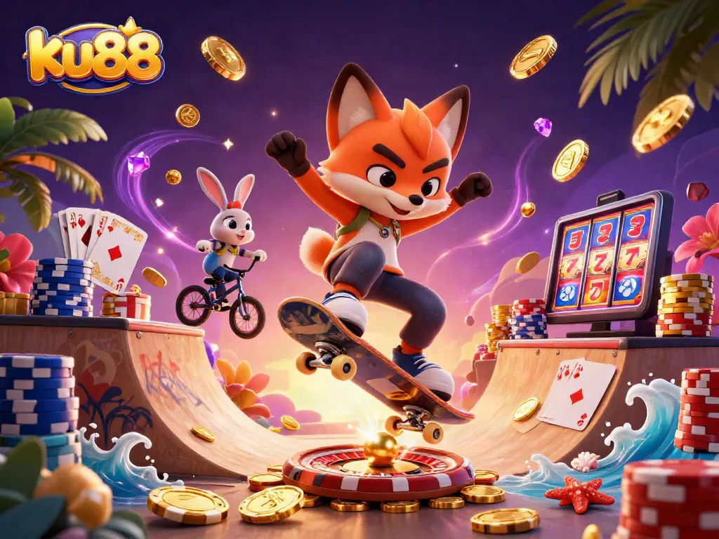 ku88 engages players with vibrant casino-themed 3D scene including fox skateboarder and rabbit BMX rider