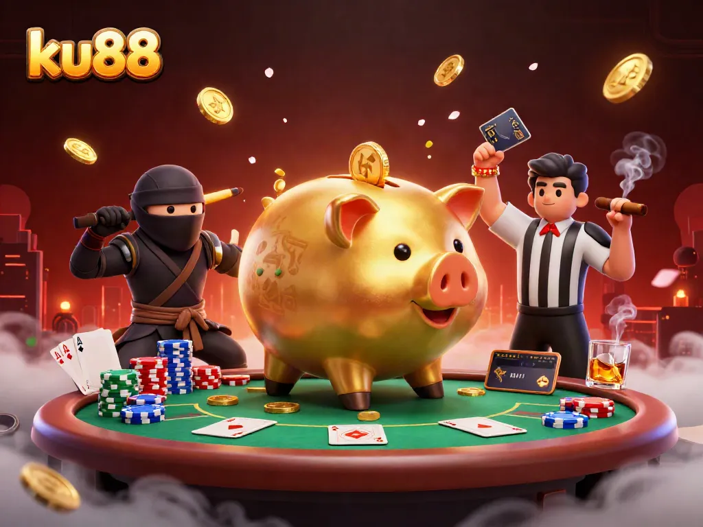 ku88 gamblers facing off in a vibrant illustrated casino showdown with gold coins and poker elements