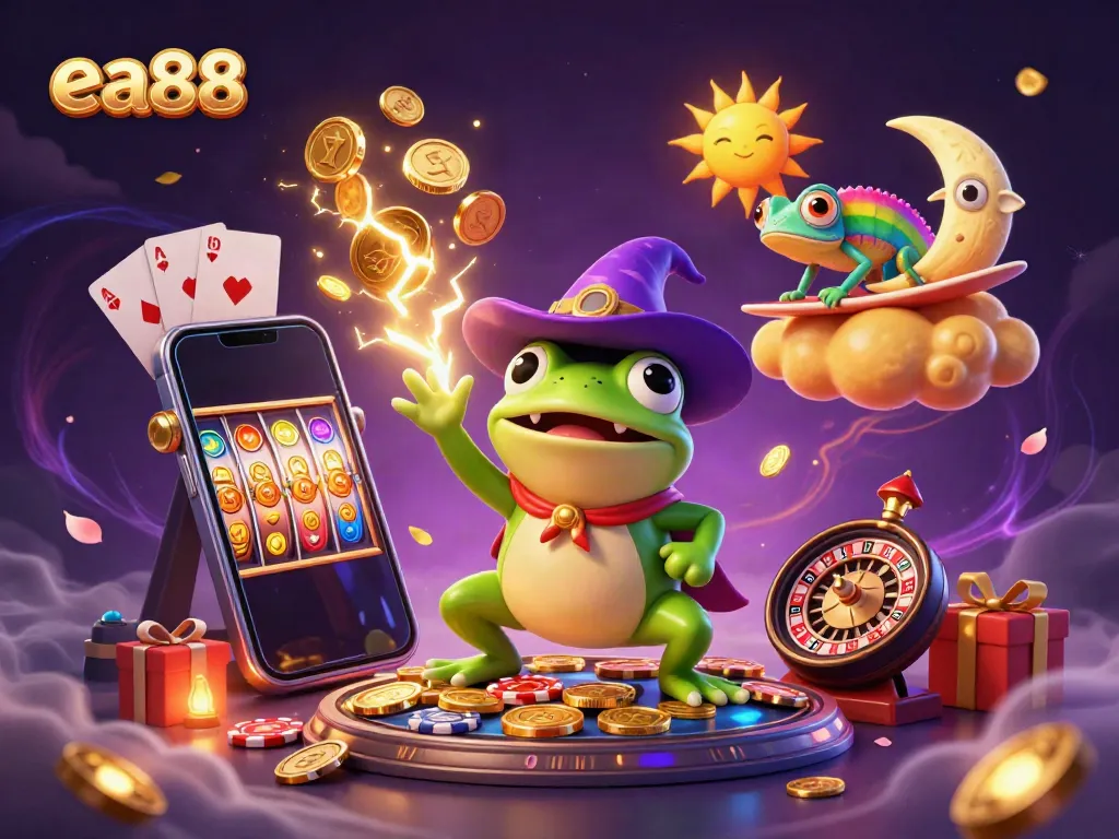 Experience ea88's excitement with a wizard frog and chameleon amid gold coins and casino elements
