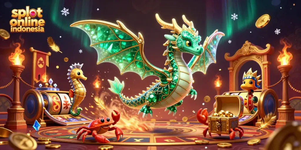 Experience the excitement of slot online Indonesia with a vibrant 3D casino scene featuring a sea dragon and treasures.