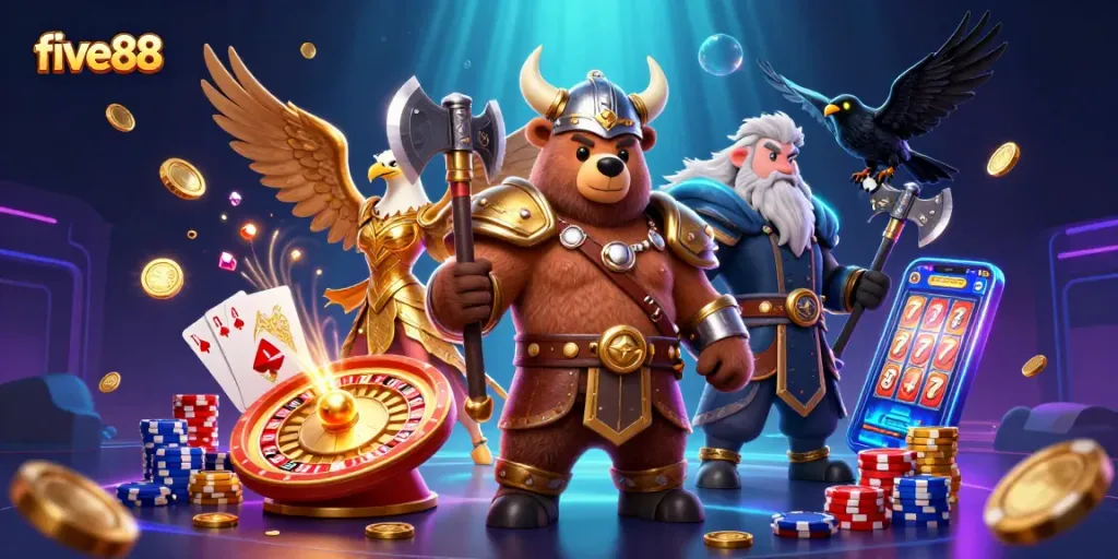 Engage with five88 as the Viking bear and Valkyrie eagle enjoy a rich casino scene filled with gold and games.