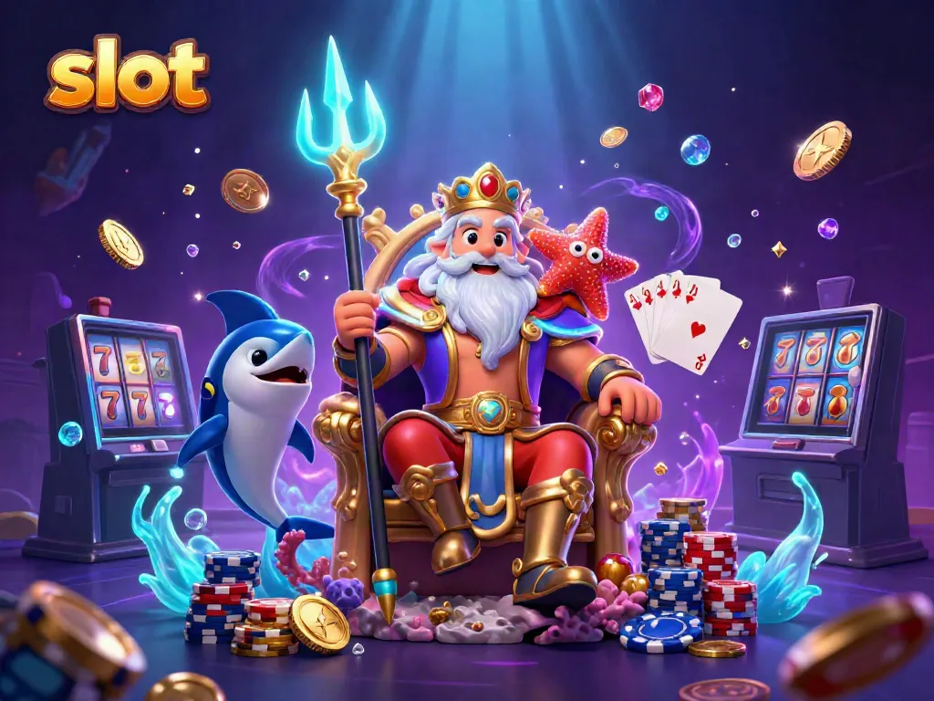 Experience thrilling slot action with Neptune, his samurai, and treasures in this engaging 3D illustration.