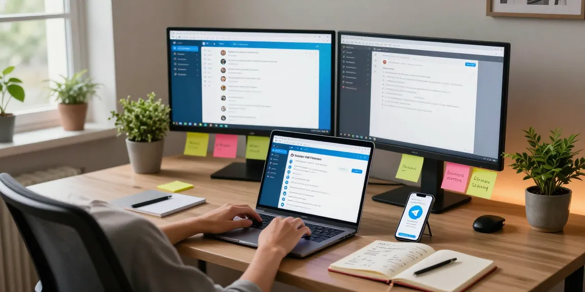 User utilizing Telegram Web Version in a stylish home office with vibrant notes and dual monitors.
