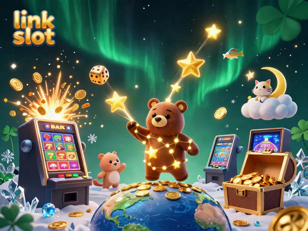 Engage with thrilling link slot experiences as a golden constellation bear gathers coins under a dynamic jackpot sky.