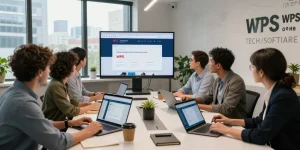 Team collaborating in a modern office showcasing the WPS Official Website on a large screen, emphasizing productivity.