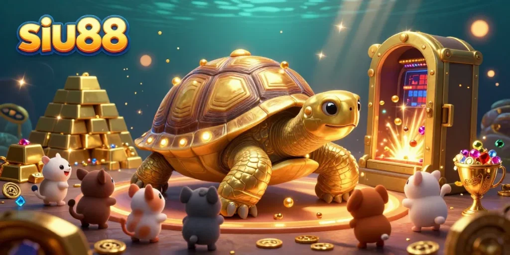 Siu88 captivating gaming illustration with a tortoise pinball machine inviting gamblers to play exciting games.