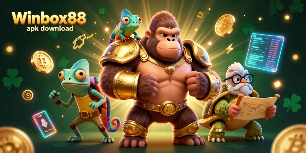 Engage with the Winbox88 apk download featuring a powerful gorilla king among vibrant casino elements.
