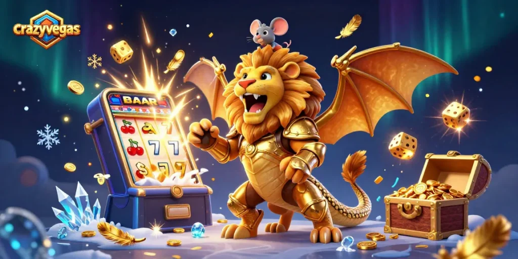 Win big with crazyvegas as a chimera creature and mouse jockey celebrate beside a jackpot slot machine.